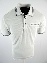Men Polo Shirt White Stripe Jacquard Textured Tech Material Slim Fit Stretch