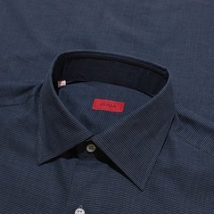 Isaia NWT Dress Shirt Size 37 14.5 in Blue Mini Houndstooth 100% Cotton