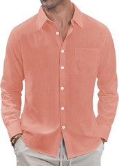 Men’s Linen Shirt Casual Long Sleeve Button Down Summer Beach Pocket