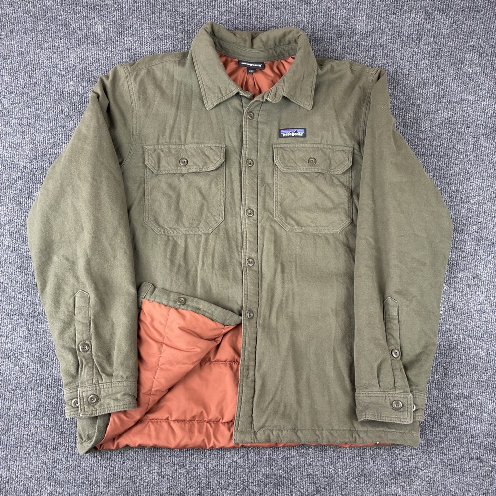 Patagonia Insulated Fjord Flannel Jacket Mens Large Basin Green 20385 Button Up