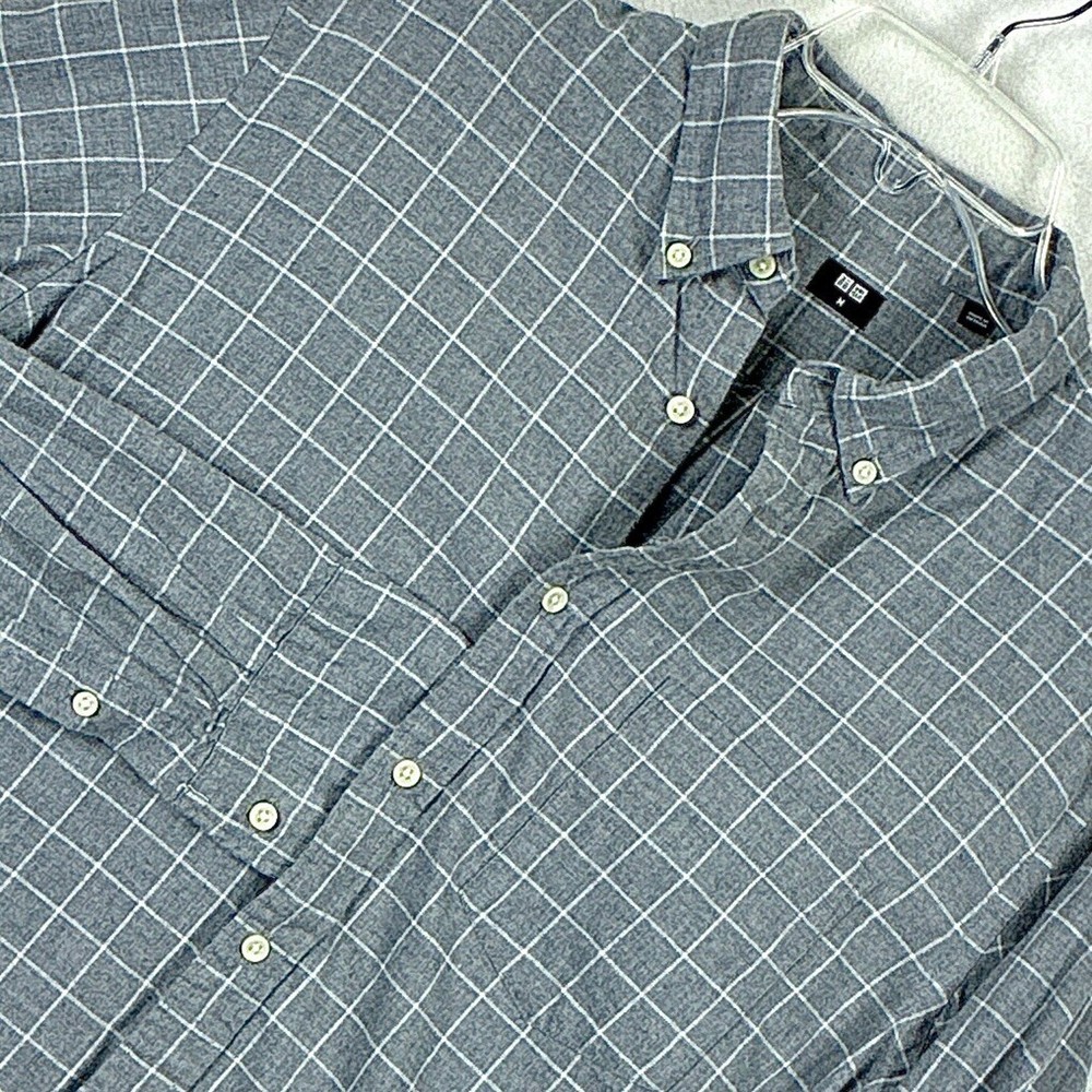 Uniqlo Flannel Shirt Mens M Gray Windowpane Plaid Preppy Outdoor Surf Classic