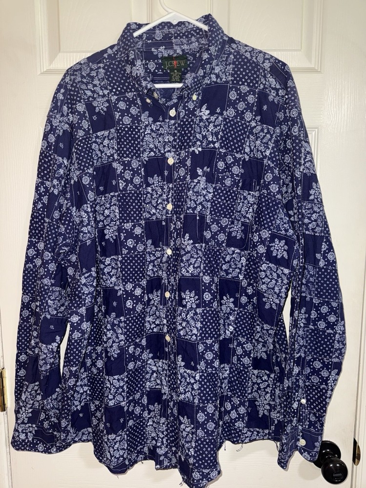 J Crew Shirt Men’s XL Plaid Quilted Patchwork Button Up Preppy Blue