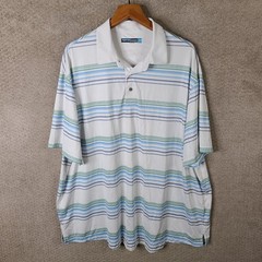 Roundtree & Yorke Performance Shirt Mens 2XB White Blue Green Striped Polo Golf