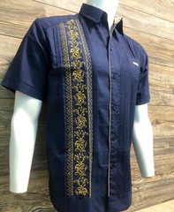 Men’s Mexican Guayabera Shirt Navy Blue Short Sleeve Gold Embroidery 100% Linen