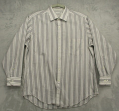 Geoffrey Beene Button Up Shirt Men’s L Gray White Stripe Pattern Cotton Blend