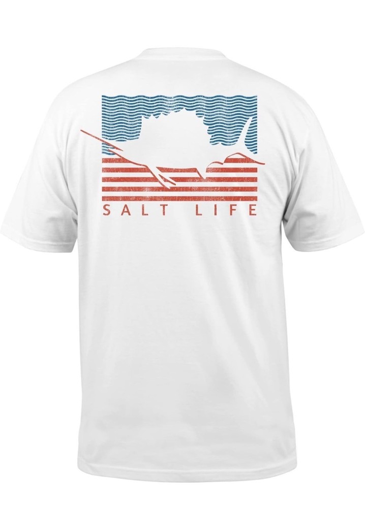 SALT LIFE Sailin Flag TShirt Sz M White Red Blue American Marlin Printed Cotton