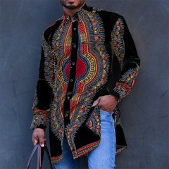 Men’s African Dashiki Print Mid-Length Shirt, Tribal Casual Long Sleeve Tunic