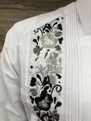 Men’s Guayabera White Wedding Dress Shirt With Black Flower Double Embroidery