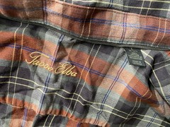 TASSO ELBA Mens L 16-16.5 Plaid Button Up Shirt Suede Elbow Patches Cotton Brown