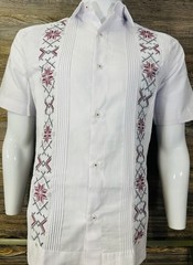 Mens Mexican Guayabera Shirt White Short Sleeve Red Wine Embroidery Cotton