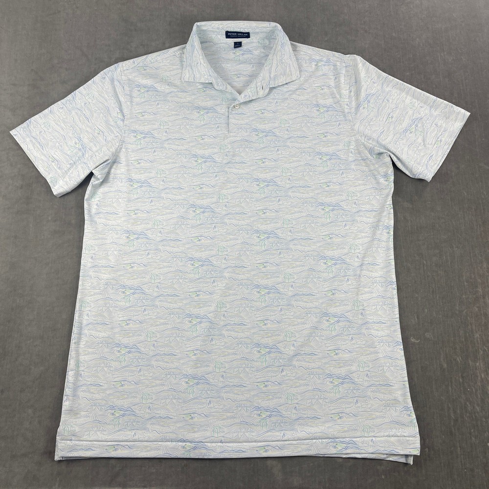 Peter Millar Crown Crafted Mens L White Blue Green Polo Landscape Print
