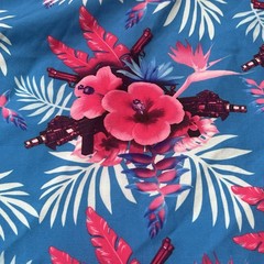 Retro Rifle Hibiscus Gun Floral Print Hawaiian Shirt Short Sleeve Mens XL Blue