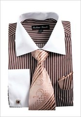Men’s French Cuff Striped Dress Shirt with Tie Handkerchief and Cufflinks FL631