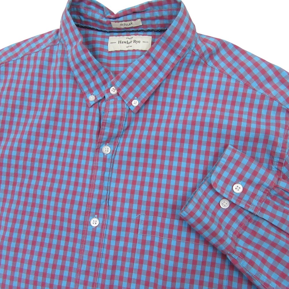 Hawker Rye Mens Button Down Shirt XL Regular Red Blue Gingham Check Stretch