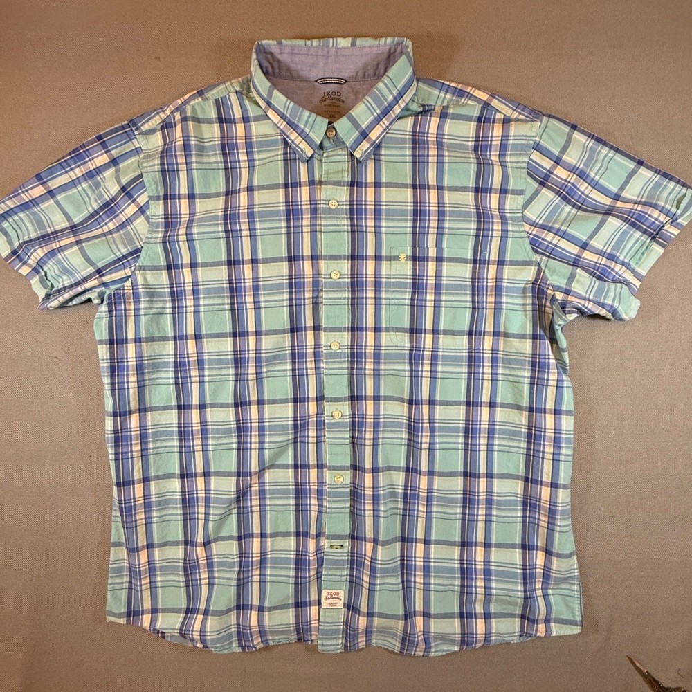 IZOD Saltwater Seaport Poplin Shirt Mens XXL Blue Green Plaid Short Sleeve 1883
