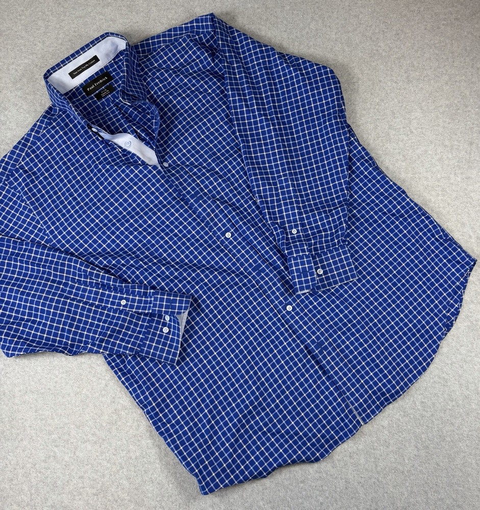 Paul Fredrick Men’s Shirt Blue Plaid Classic Fit Non-Iron 100% Cotton 17×32