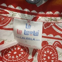 LA LEELA Red/White Island Design 100% Teriviole Hawaiian Shirt Pocket Sz L
