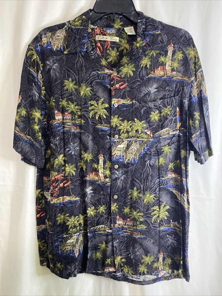 Back Bay Button Down Shirt Mens XL Black Tropical Island Rayon Excellent Aloha