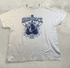 Hard Rock Cafe white t-shirt with blue accents.