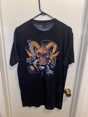 Vintage 1989 80s Rock N Roll Skeleton Drummer 3D Emblem Biker Shirt Large New