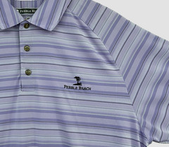 Pebble Beach Golf Men Polo Shirt L Purple Striped Dry Luxe Performance Logo NICE