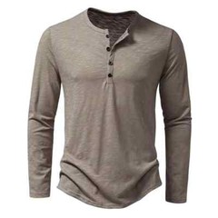 Men’s Shirt Cotton Henley Neck T-Shirts Long Sleeve Casual Button Plain 25% OFF