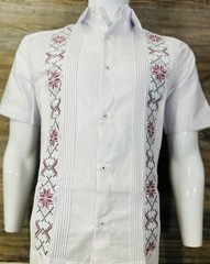Mens Mexican Guayabera Shirt White Short Sleeve Red Wine Embroidery Cotton