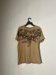 Affliction Graphic T-Shirt with Wolves Print and Distressed Trim