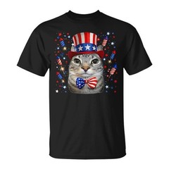Funny USA Cat T-Shirt American Flag Bow Tie July 4th Fireworks Graphic Men Tee