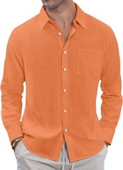 Men’s Linen Shirt Casual Long Sleeve Button Down Summer Beach Pocket