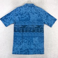 VTG Crazy Shirts Polo Mens M Blue Floral Palms AOP Hawaiian Beach Tiki Aloha USA