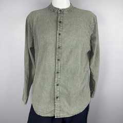 Cotton Natural Shirt XL Olive Mandarin Collar Button Down Lightweight Breathable