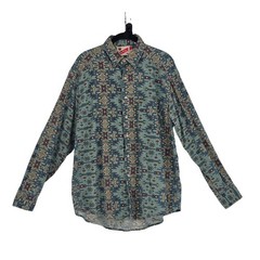 Vintage Cotton Flax Button Up Shirt XL Blue 70s Soutwestern Aztec Woven USA