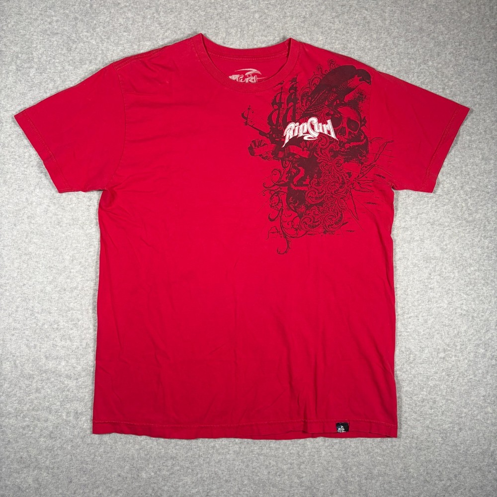 Y2K Rip Curl T-Shirt Men’s Surf Skull Graphic Tee Size XL Red Grunge
