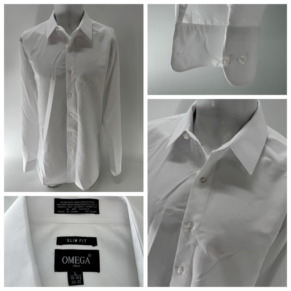 Omega Italy Dress Shirt 16-16.5 34/35 White Poly Slim Fit Long Sleeves YGI Y5-44