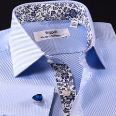 Elegant Blue Twill Double Ply 80’s Fine Wevon Formal Business Shirts Floral Inne