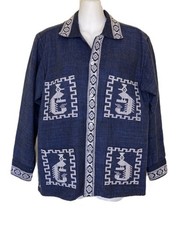 Guatemala Quetzal Bird Shirt Blue/White Vtg Embroidered Woven Cotton Top Med