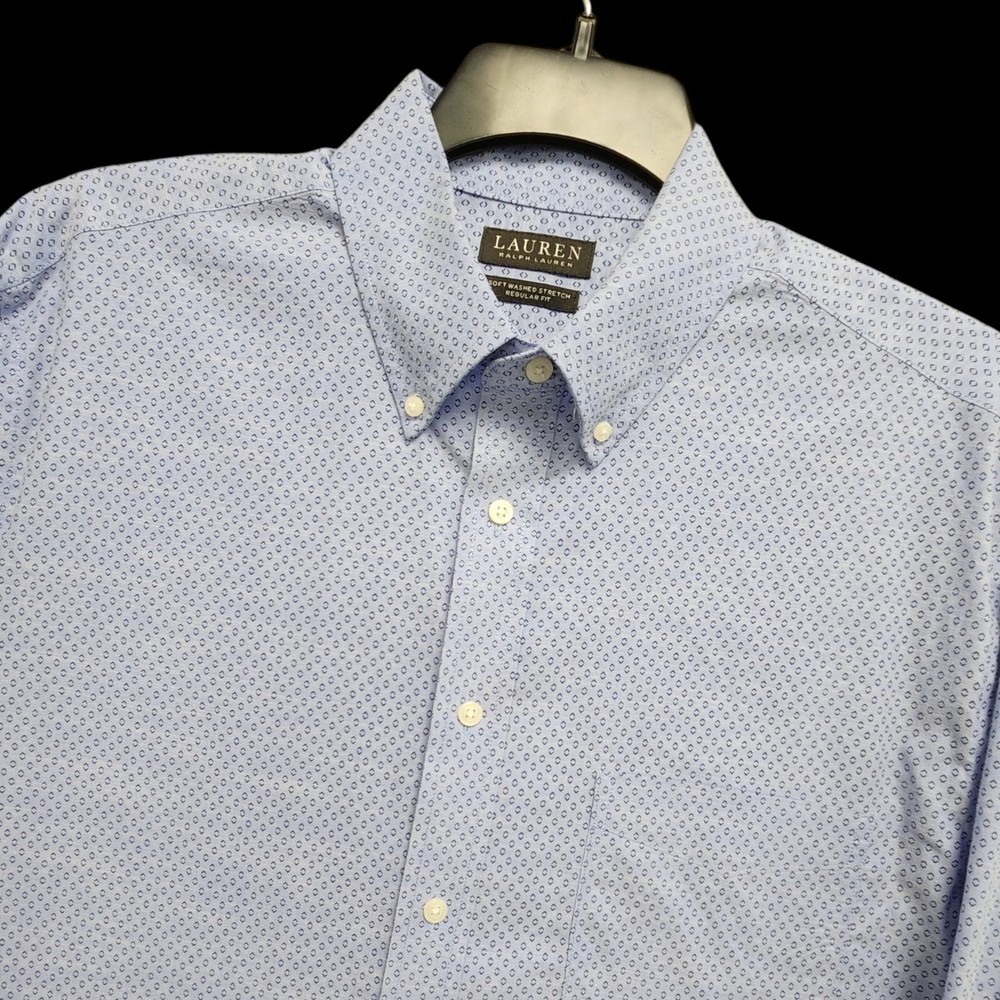 Lauren Ralph Lauren Black Label Shirt Mens L Soft Washed Stretch Blue Geometric