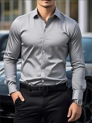 Mens Dress Shirts Formal Business Long Sleeves Non Iron Elastic Casual Shirts