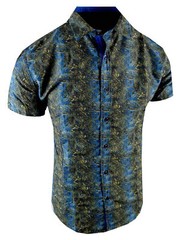 Men Short Sleeve Shirt Black Blue Gold Floral Prints Slim Fit Button Front