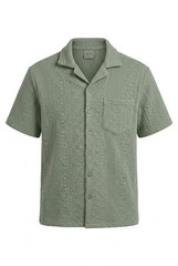 Maison Article Men’s Medium Green Jacquard Textured Camp Shirt Short Sleeve Knit