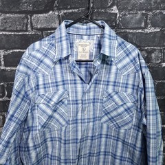 Panhandle Rough Stock Mens L/XL Tall Blue Plaid Pearl Snap Button Western Shirt