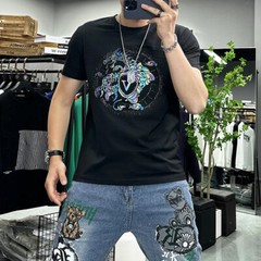 New Fashion Hot Diamond Dragon Rhinestone Summer Short Sleeve Luxury Men T-Shirt