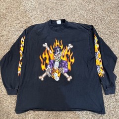 Vintage Six Flags Fright Fest Jackal Skull Flames Mens Long Sleeve T Shirt