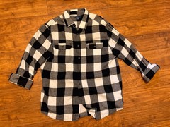 George Men’s XL Flannel Plaid Shirt Black White Gray Pockets Long Sleeve