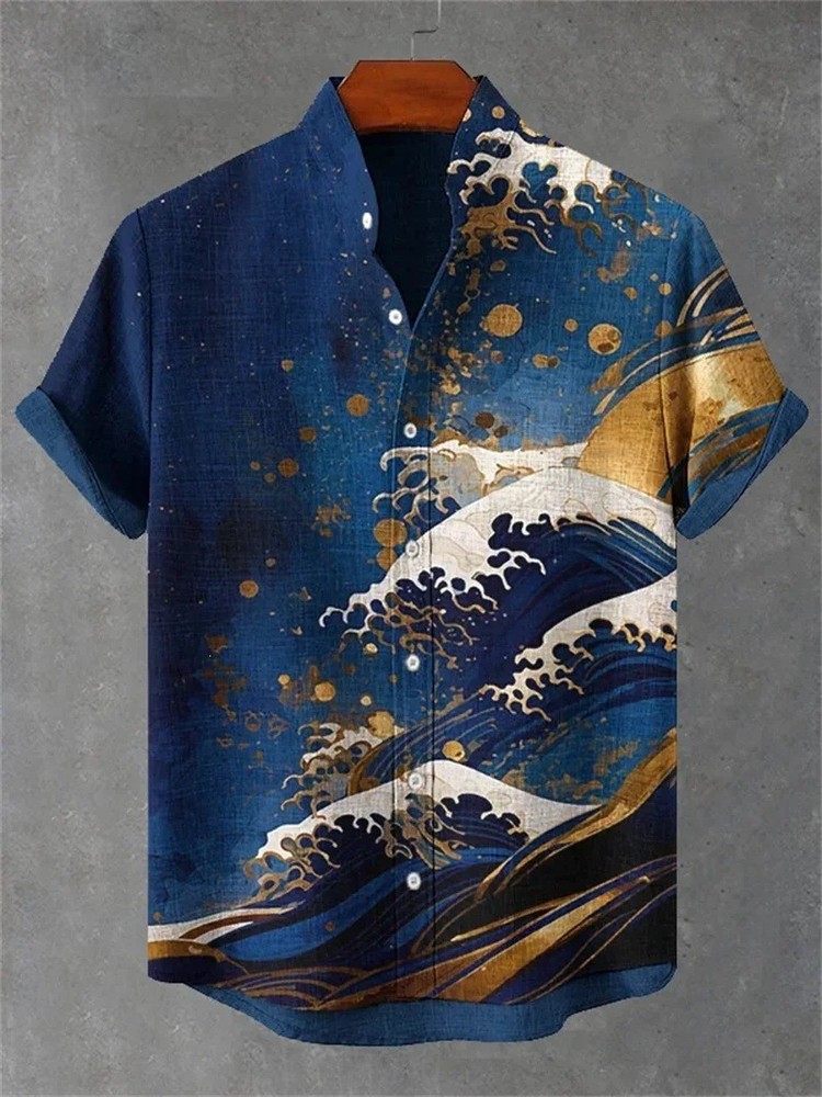 Japanese Ukiyo-e Great Wave Henley Shirt Short Sleeve Linen Cotton Casual