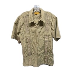 Vintage Scorpio Mens Safari Shirt S/M Khaki Embroidered 4 Pocket Guayabera