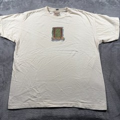 Vintage Woolrich T-Shirt Mens Large Cream Cotton Spellout Window Flower Graphic