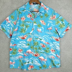 SSLR Shirt Mens XL Blue Pink Flamingos and Palms Short Sleeve Casual Hawaiian