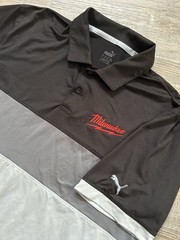 PUMA Golf Polo Shirt Large Performance Milwaukee Tools Racing Logo Gray Black